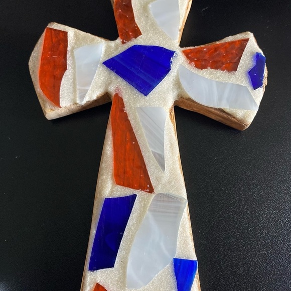 Mosaic Tile On Wood Cross Religious Wall Art Cream Orange & Blue 8”x5”x1” - Picture 3 of 12